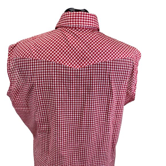 Vintage Wrangler Red Gingham Sleeveless Pearl Snap Western Shirt XL USA Made - Picture 14 of 16